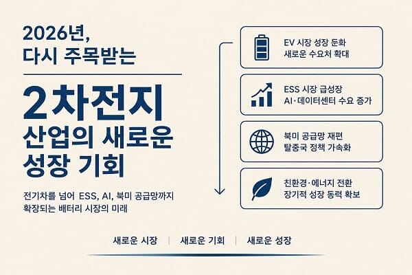 2026년 2차전지 산업의 성장 기회와 ESS, AI 데이터센터, 북미 공급망 확대를 소개하는 인포그래픽 이미지