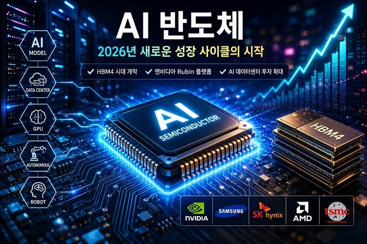 2026년 AI 반도체 시장 성장 전망을 나타낸 이미지로 AI 칩, HBM4 메모리, 데이터센터, 상승 그래프가 표현된 미래형 반도체 산업 일러스트