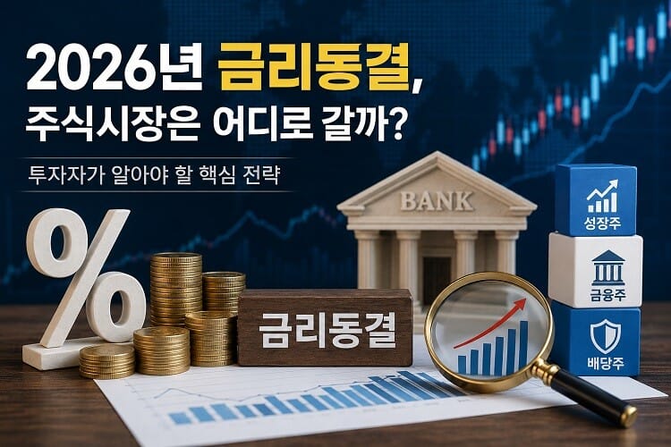 2026년 금리동결 환경에서 주식시장 전망과 투자 전략을 나타낸 금융 인포그래픽 이미지