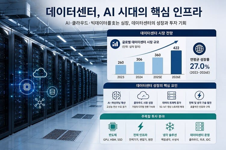 AI 시대 핵심 인프라인 데이터센터 서버 시설과 데이터센터 시장 성장 전망을 보여주는 인포그래픽