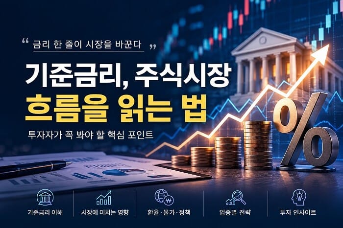 기준금리 변화와 주식시장 흐름, 금리 인상·인하가 투자 판단에 미치는 영향을 표현한 금융 인포그래픽