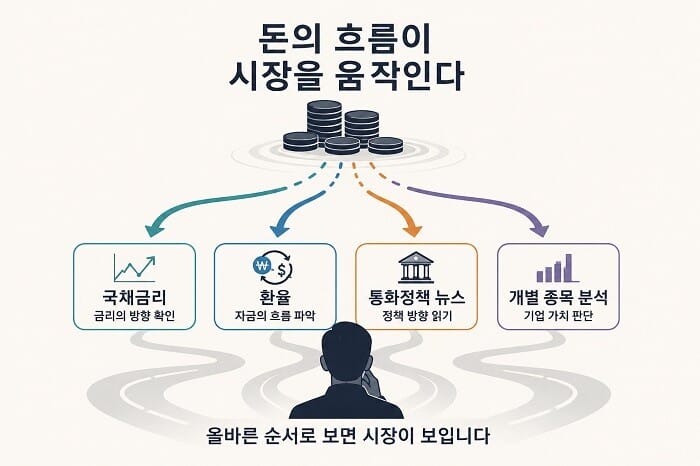 국채금리, 환율, 통화정책, 기업 분석 순서로 시장을 해석하는 투자자의 사고 과정을 표현한 경제 인포그래픽