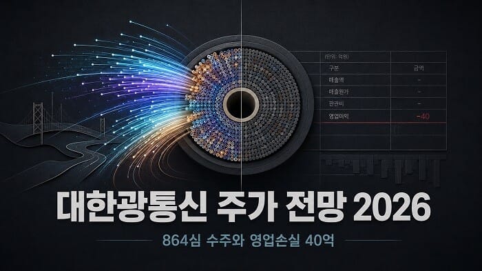 대한광통신 주가 전망 2026, 864심 광케이블 수주와 영업손실 40억을 대비해 표현한 투자 분석 이미지