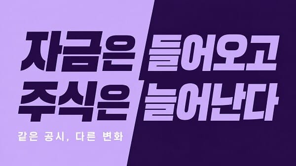 유상증자 뜻을 회사 자금 유입과 발행주식 증가의 두 가지 변화로 설명한 도입 이미지