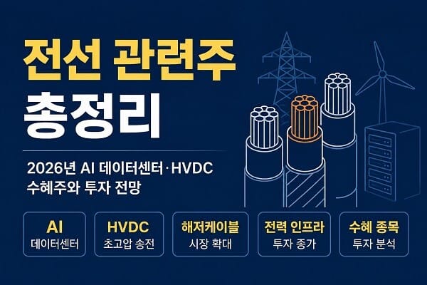 2026년 전선 관련주 전망과 AI 데이터센터, HVDC, 해저케이블 등 전력 인프라 성장 테마를 표현한 일러스트 대표이미지