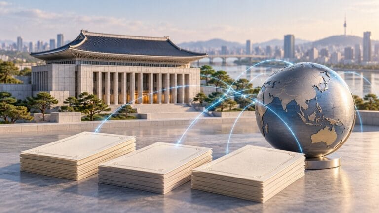 WGBI 편입을 상징하는 채권 서류와 지구본, 한국의 공공기관 건물